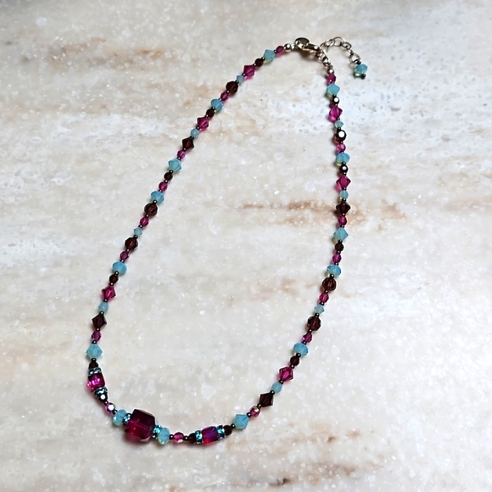 😍Emily Ray 925 Silver Fuchsia/Blue Necklace😍NWOT